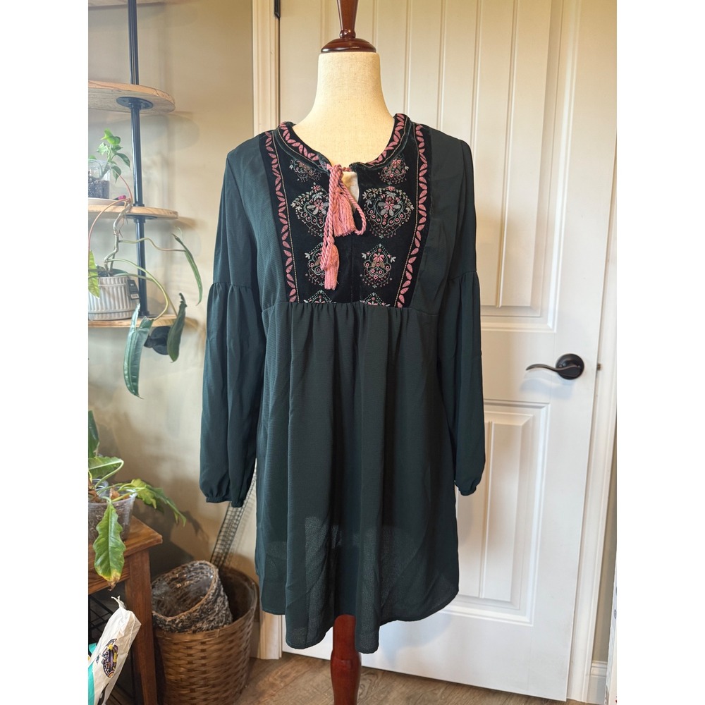Women's Dark Green Embroidered Tassel Boho Babydoll Dress Long Sleeve